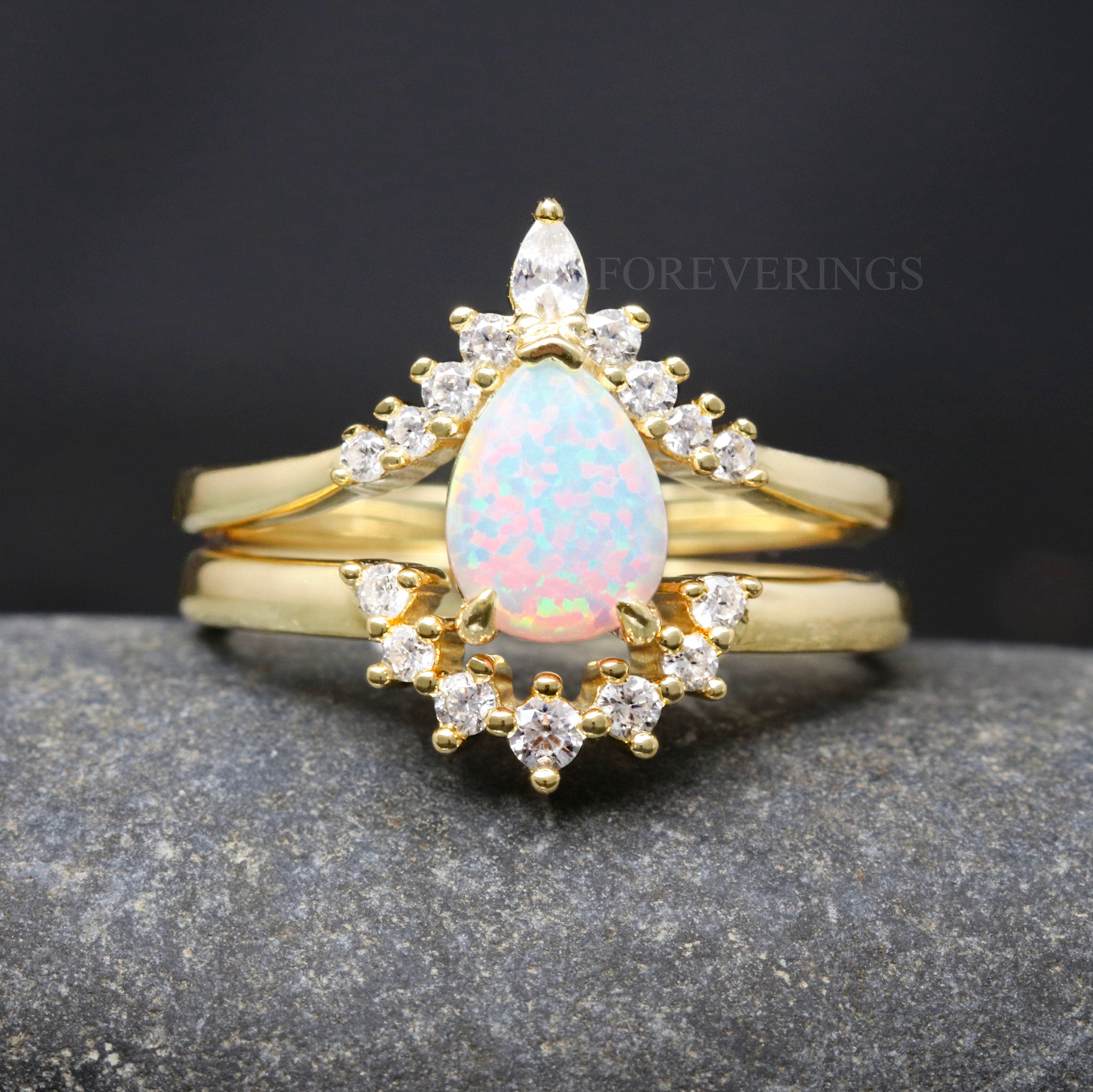 Vintage Gold Opal Engagement Ring, Woman Wedding Ring, Alternative White Fire Opal Ring, 925 Sterling Silver Ring, Unique Bridal Set