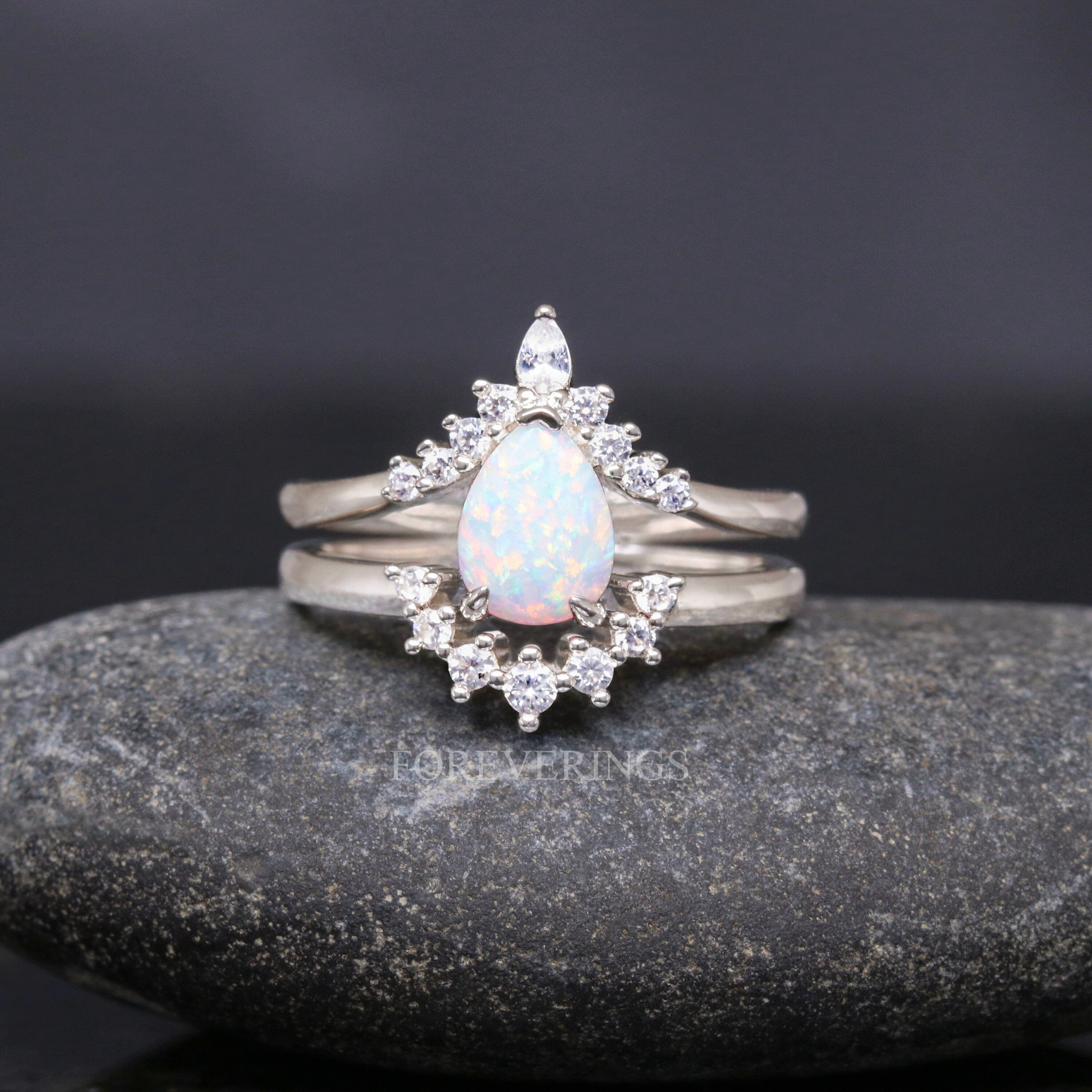 White Fire Opal Engagement Ring, Unique Silver Ring, Woman Alternative Wedding Ring, Promise Ring for Her, Bridal Set