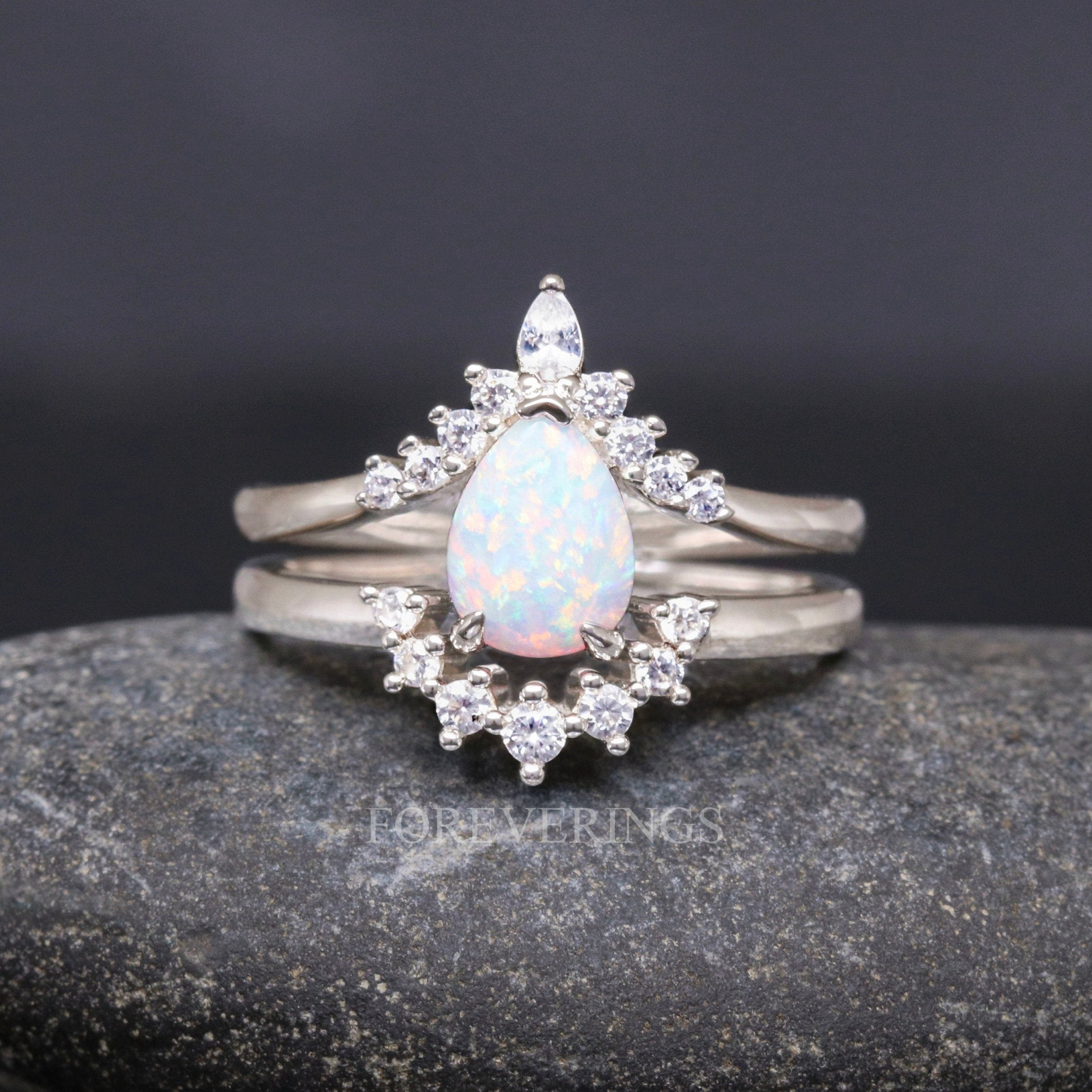 White Fire Opal Engagement Ring, Unique Silver Ring, Woman Alternative Wedding Ring, Promise Ring for Her, Bridal Set