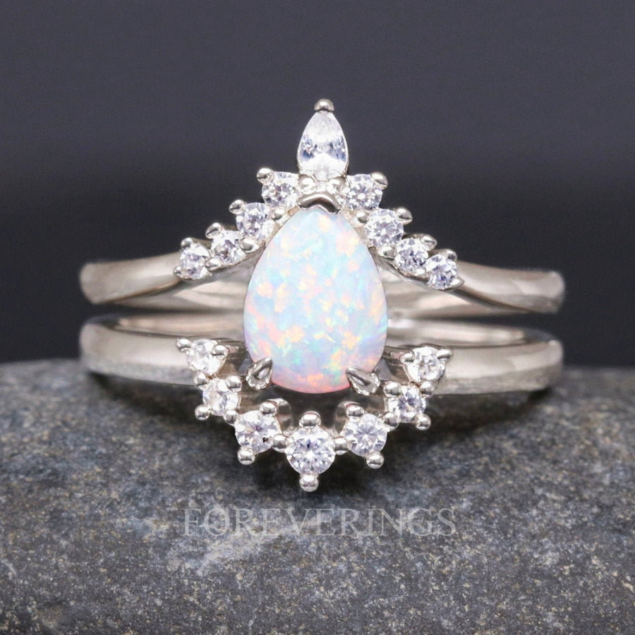 White Fire Opal Engagement Ring, Unique Silver Ring, Woman Alternative Wedding Ring, Promise Ring for Her, Bridal Set