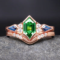 Tsavorite Rose Gold Wedding Ring for Her, Rosette Nebula Ring Set, Elongated Hexagon, Alternative Engagement Ring Set, Woman Wedding Ring