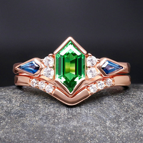 Tsavorite Rose Gold Wedding Ring for Her, Rosette Nebula Ring Set, Elongated Hexagon, Alternative Engagement Ring Set, Woman Wedding Ring