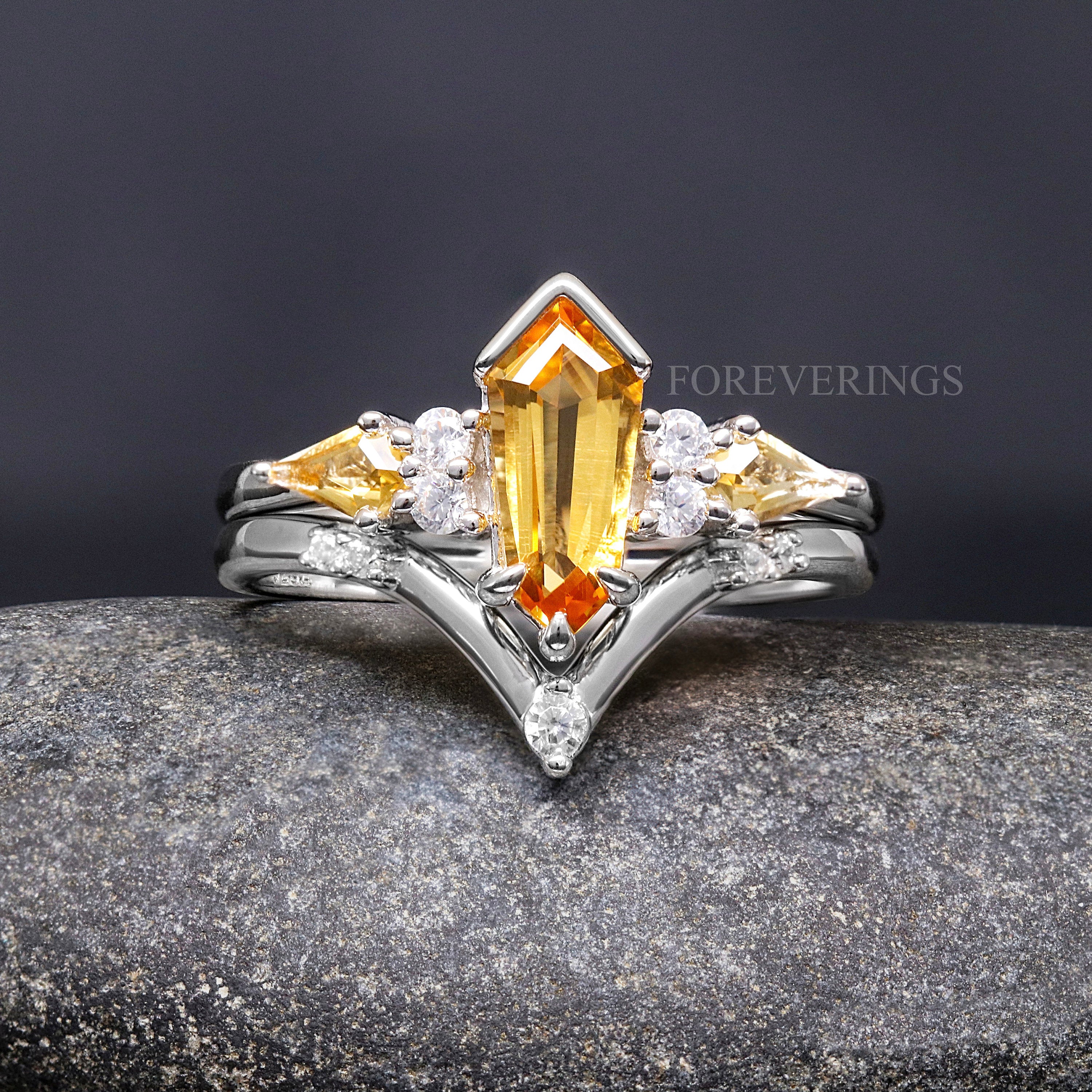 Citrine Engagement Ring Set Coffin Kite Cut, 925 Sterling Silver Ring, Promise Ring for Her, Unique Womens Ring, Citrine Ring, Engraving