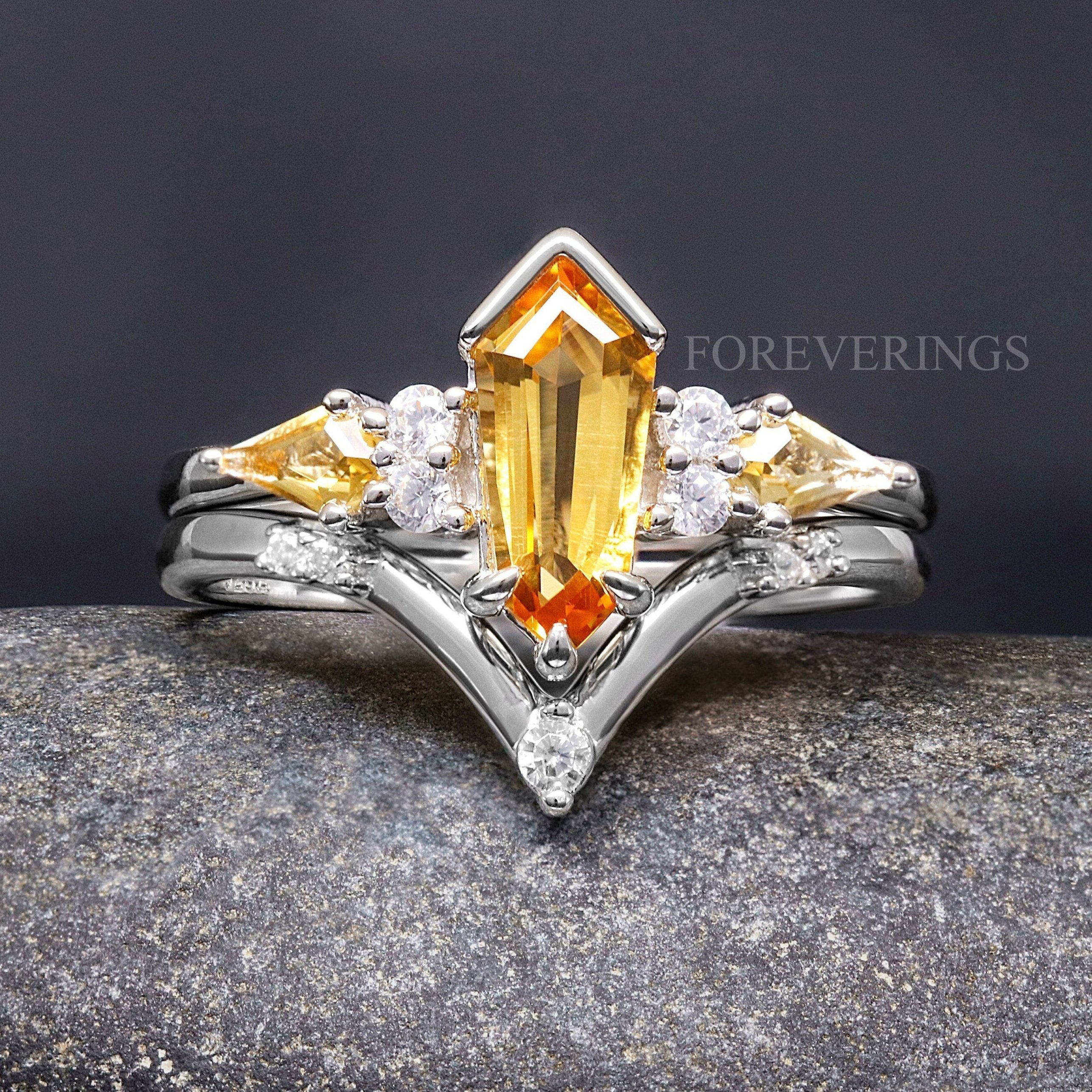 Citrine Engagement Ring Set Coffin Kite Cut, 925 Sterling Silver Ring, Promise Ring for Her, Unique Womens Ring, Citrine Ring, Engraving