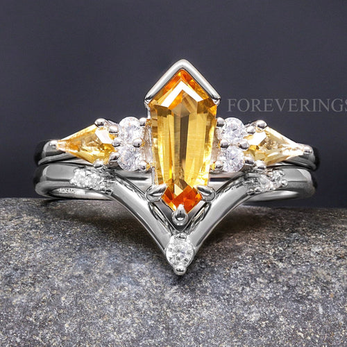 Sterling silver citrine bridal set with a coffin kite center stone, shown straight on