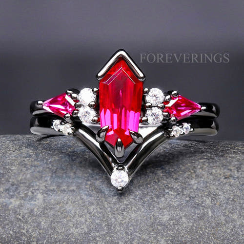 Black sterling silver ruby bridal set with a coffin kite cut center stone and curved V band
