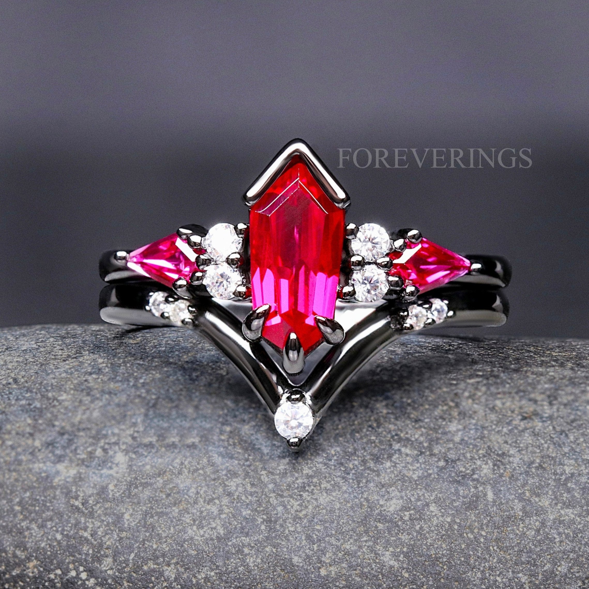 Black Ruby Engagement Ring Set, Woman Wedding Ring, Natural Ruby Ring, Kite Coffin Cut, 925 Sterling Silver Ring, Alternative Promise Ring