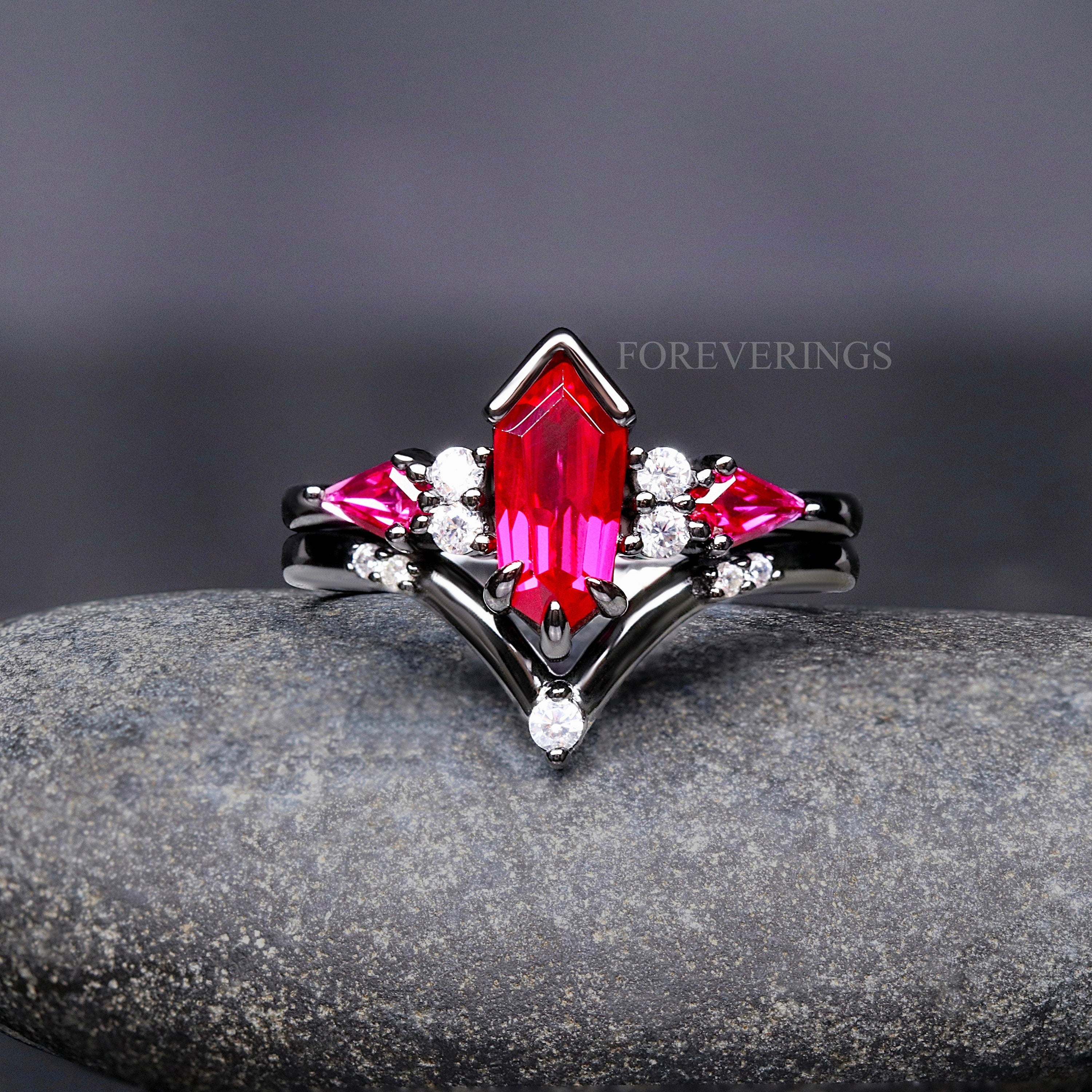 His and Her Natural Ruby Wedding Ring Set, Black Tungsten Band, 925 Silver, Cass Supernova, Unique Engagement Ring Set, Matching Couple Ring