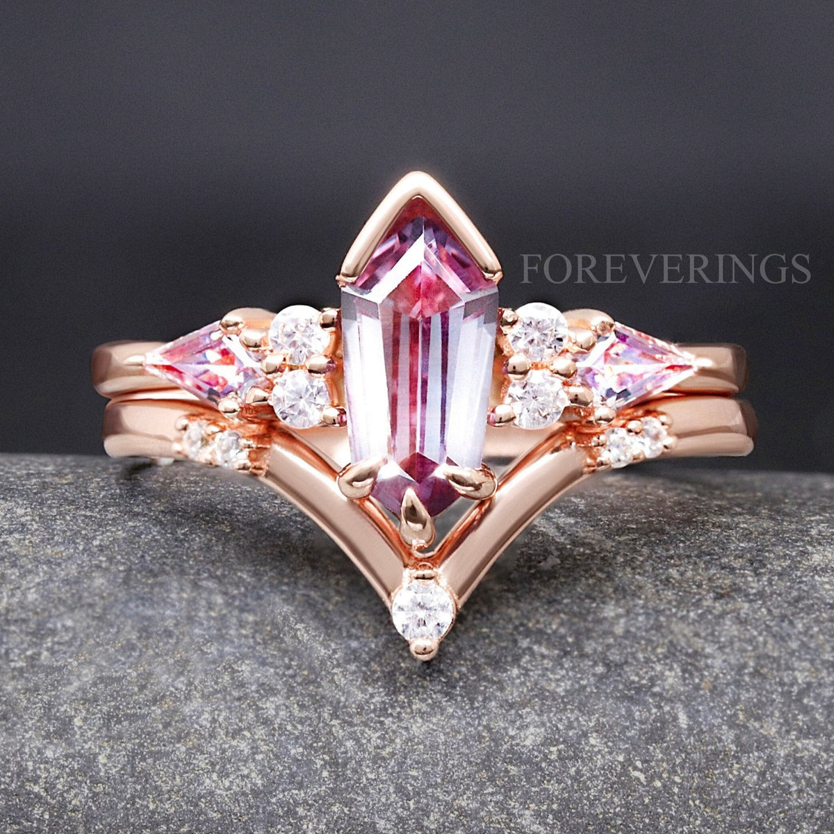 Rose Gold Alexandrite Alternative Engagement Ring Set, Crab Nebula Ring, Kite Coffin Stone, 925 Sterling Silver Ring Set, Space Wedding Ring