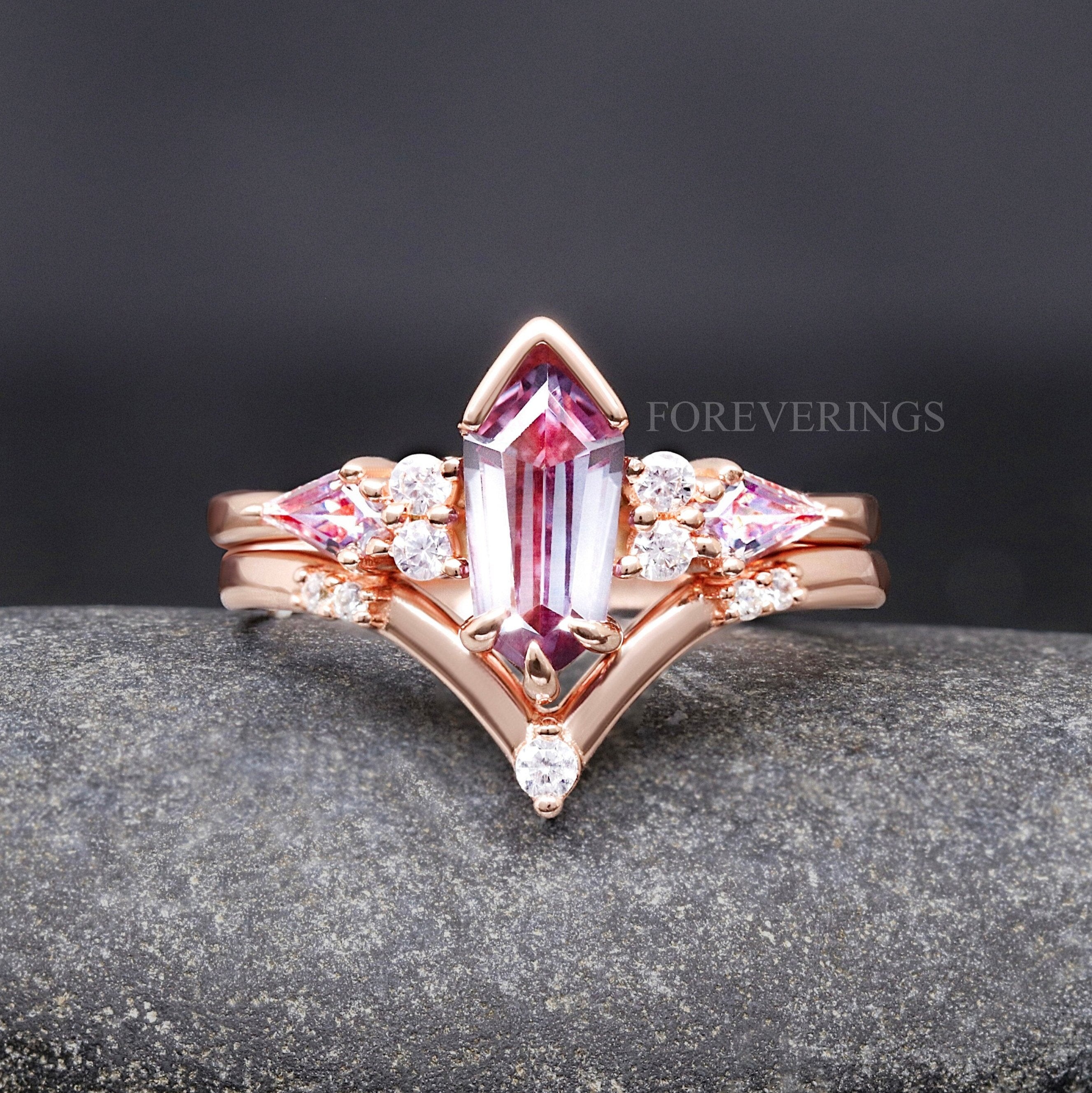 Rose Gold Alexandrite Alternative Engagement Ring Set, Crab Nebula Ring, Kite Coffin Stone, 925 Sterling Silver Ring Set, Space Wedding Ring