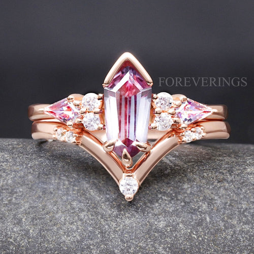 Rose Gold Alexandrite Alternative Engagement Ring Set, Crab Nebula Ring, Kite Coffin Stone, 925 Sterling Silver Ring Set, Space Wedding Ring