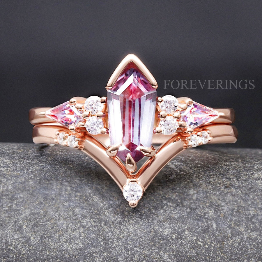 Rose Gold Alexandrite Alternative Engagement Ring Set, Crab Nebula Ring, Kite Coffin Stone, 925 Sterling Silver Ring Set, Space Wedding Ring