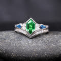 Women's 1.7mm sterling silver bridal set with a hexagon green tsavorite, shown straight on