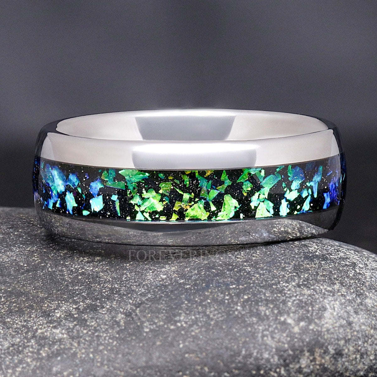 Rosette Nebula Man Wedding Band, Silver Tungsten Band, Green Space Ring, Promise Ring for Him, Dome, Polish, Ring Engraving, 8mm Galaxy Band