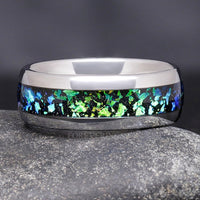 Rosette Nebula Man Wedding Band, Silver Tungsten Band, Green Space Ring, Promise Ring for Him, Dome, Polish, Ring Engraving, 8mm Galaxy Band