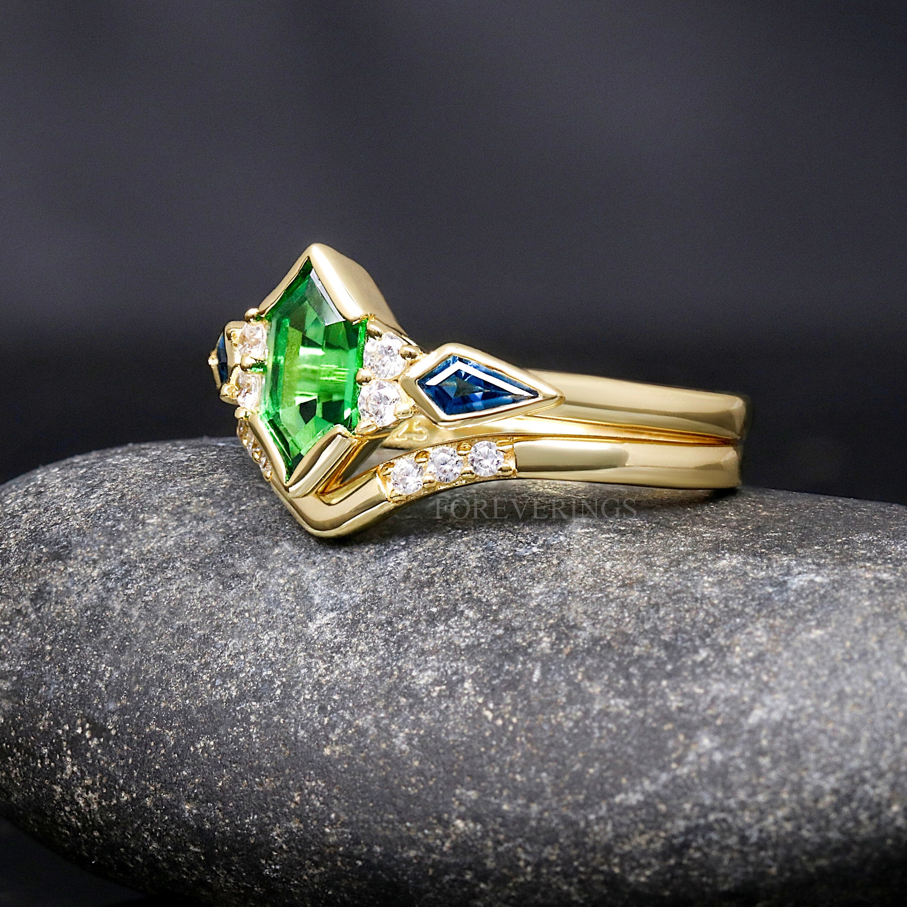 Rosette Nebula Galaxy Ring Set, Unique His and Her Ring, Engagement Ring Set, Gold Tungsten, Green Tsavorite Wedding Ring, Match Couple Ring