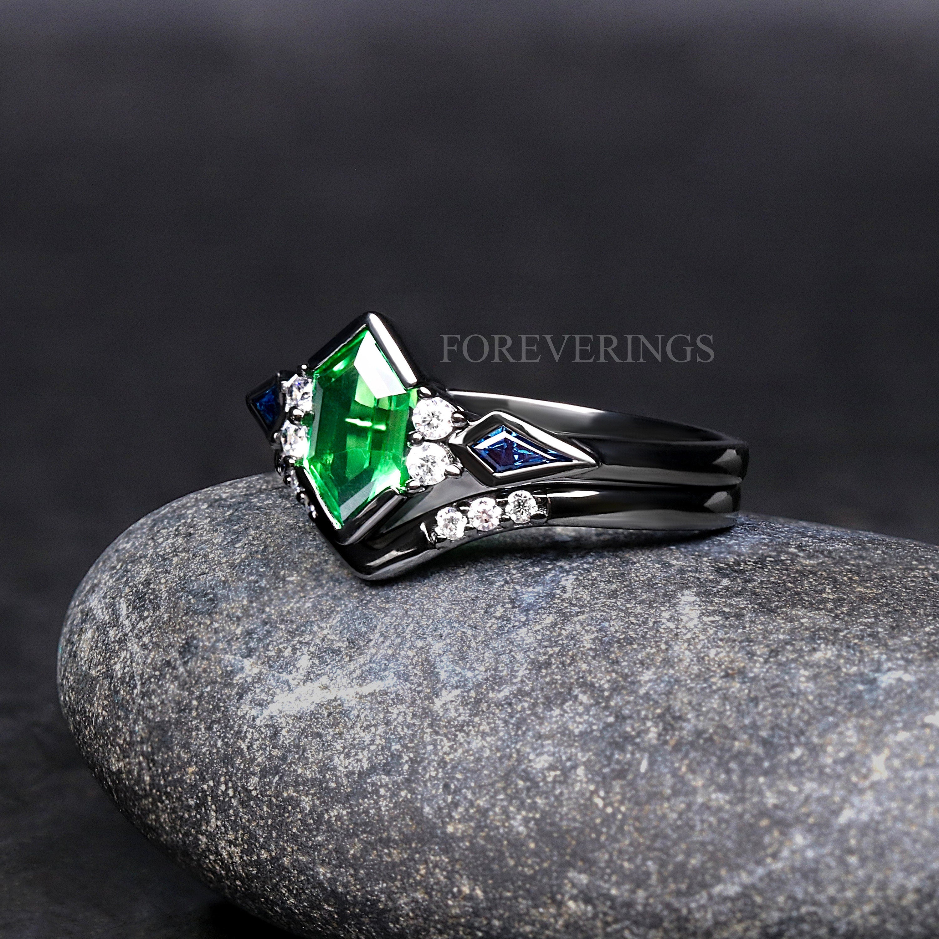 Galaxy Tsavorite Wedding Ring for Her, Rosette Nebula Black Ring Set, Elongated Hexagon, Alternative Engagement Ring Set, Woman Wedding Ring