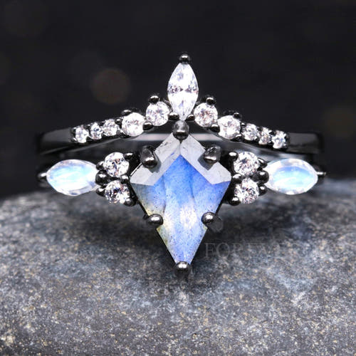 Women's natural kite-cut labradorite bridal set in black sterling silver with a curved band