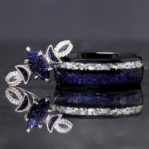 Lunara Starry Night Ring Set, His Her Wedding Ring, Unique Couples Ring, Great Rift Nebula, Crescent Moon Ring, Match Promise Ring, Engrave