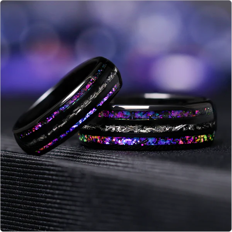 Cosmic meteorite men’s ring, black Orion nebula unique wedding band