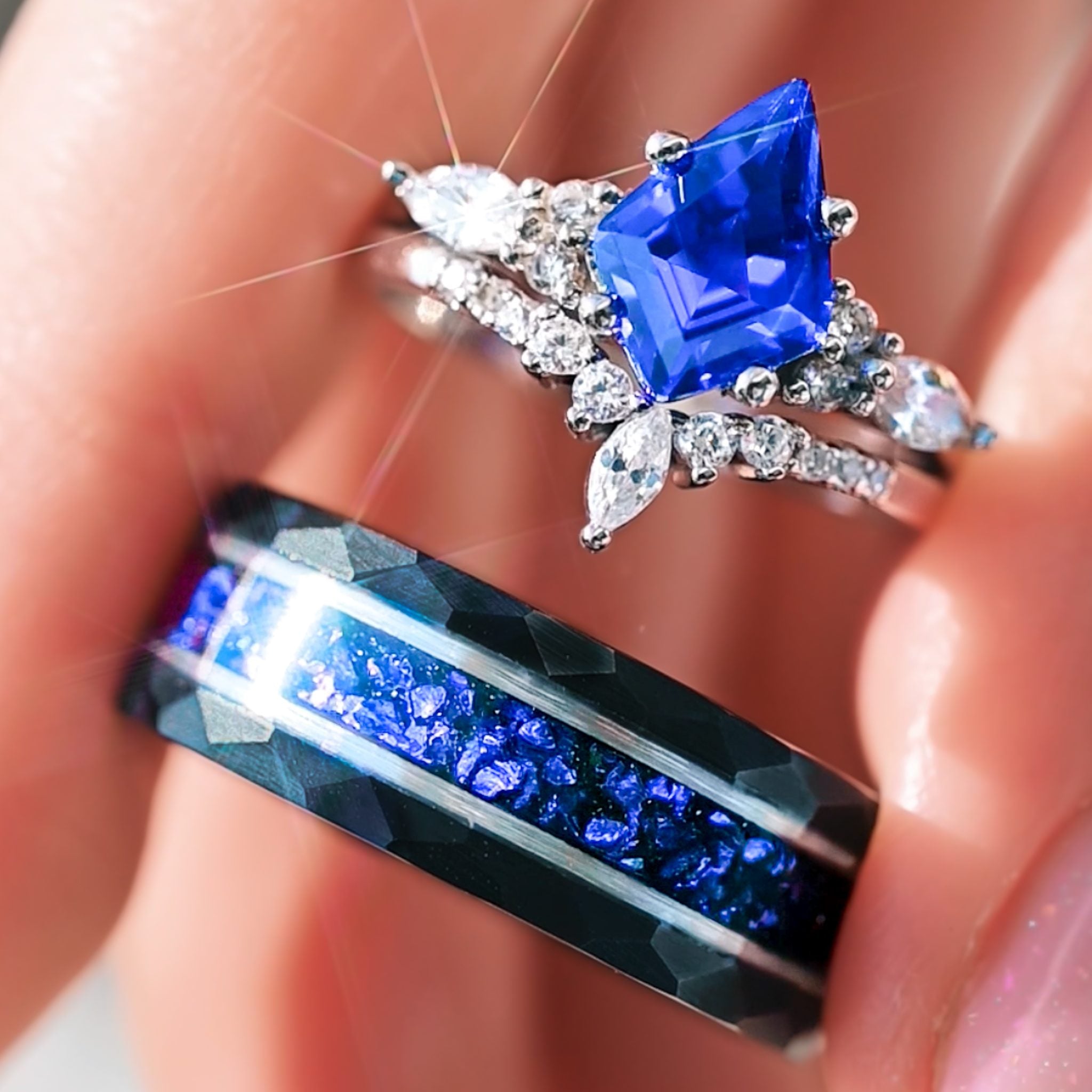 Kite Cut Blue Sapphire Couples Ring Set | 3 Piece His & Hers