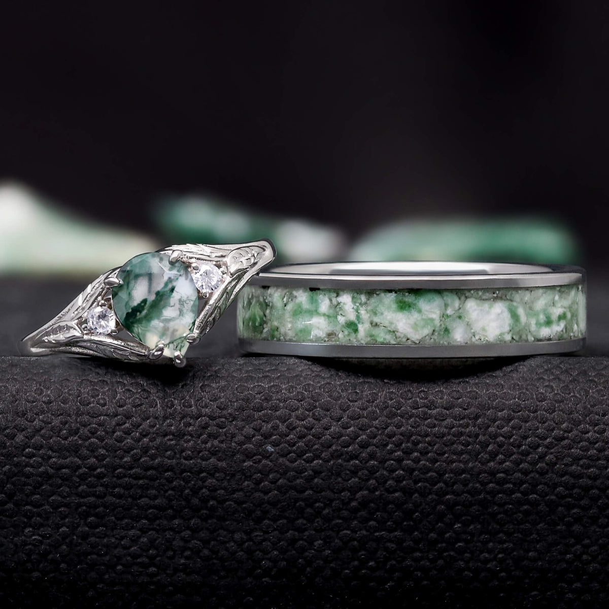 Faeleaf Moss Agate Promise Ring Set | Pear Cut His & Hers in Silver