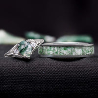 Faeleaf Moss Agate Promise Ring Set | Pear Cut His & Hers in Silver