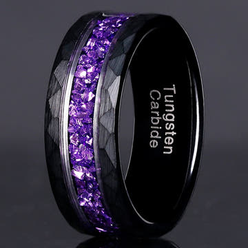 Men's amethyst ring, purple crushed amethyst inlay in a black hammered tungsten wedding band, comfort fit