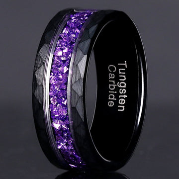 Men's amethyst ring, purple crushed amethyst inlay in a black hammered tungsten wedding band, comfort fit