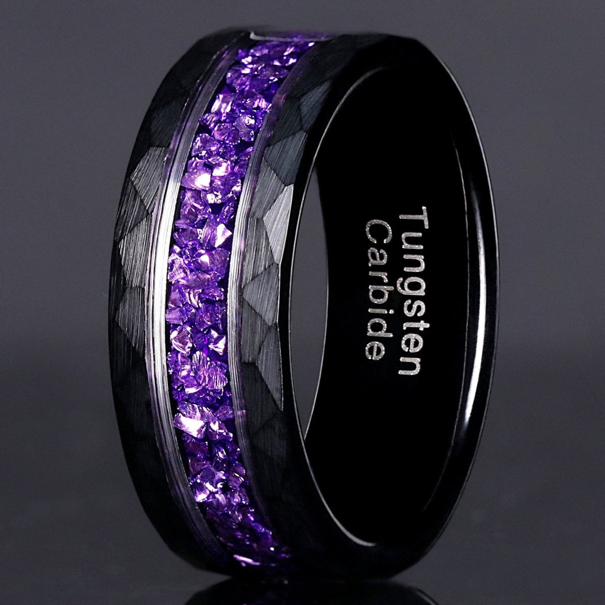 Men's amethyst ring, purple crushed amethyst inlay in a black hammered tungsten wedding band, comfort fit