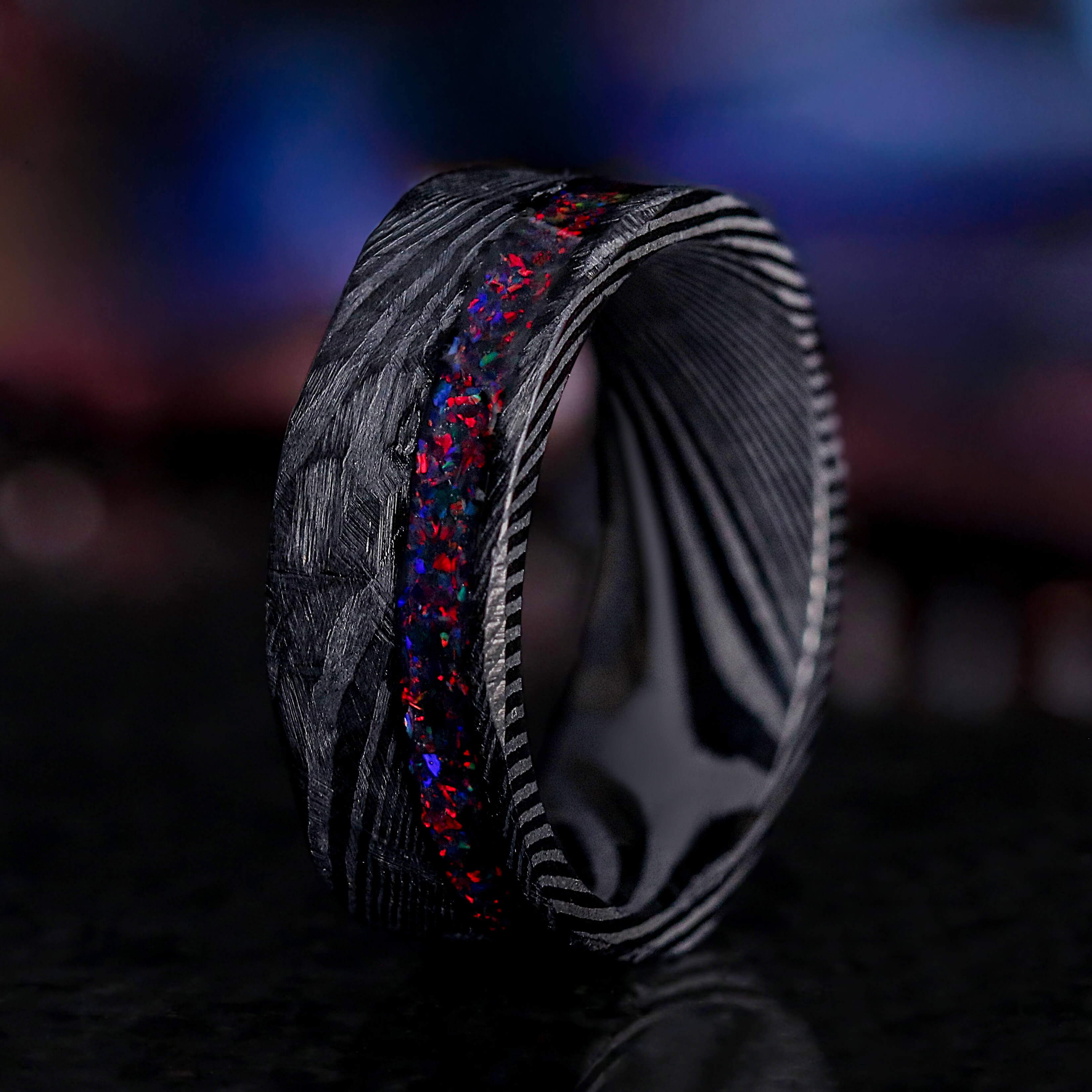 Hammered Damascus Steel Wedding Band | Black Fire Opal Inlay | 8mm Men's