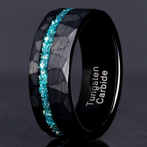 Men's 8mm hammered black tungsten wedding band with an offset crushed aquamarine inlay