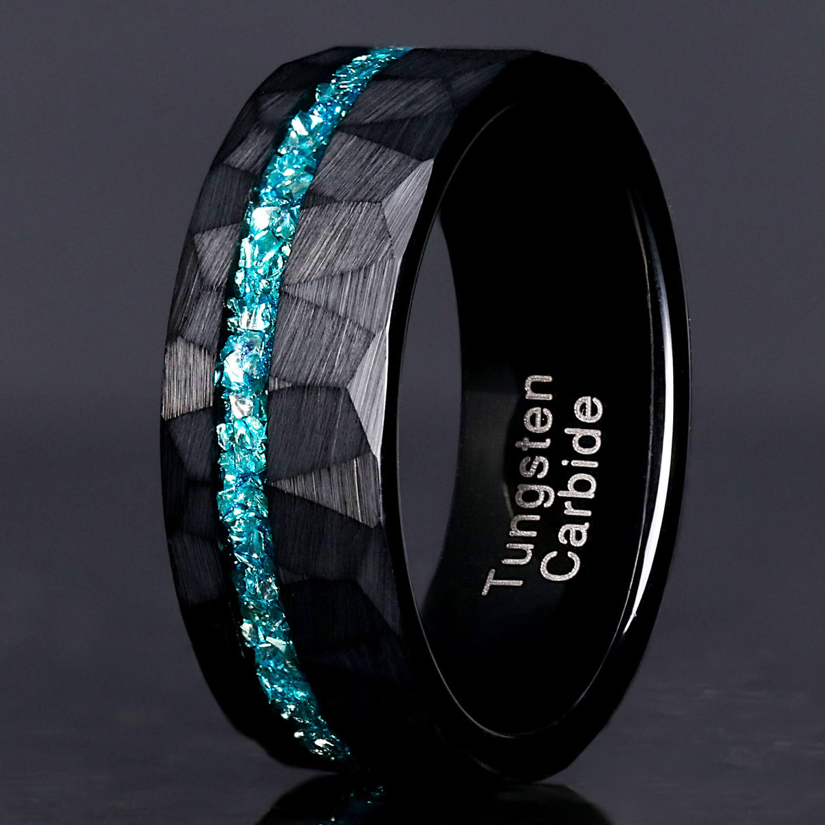 Men's Aquamarine Wedding Band – 8mm Black Hammered Tungsten Ring, Blue Crushed Stone Inlay, Offset Promise Ring, Ring Engraving