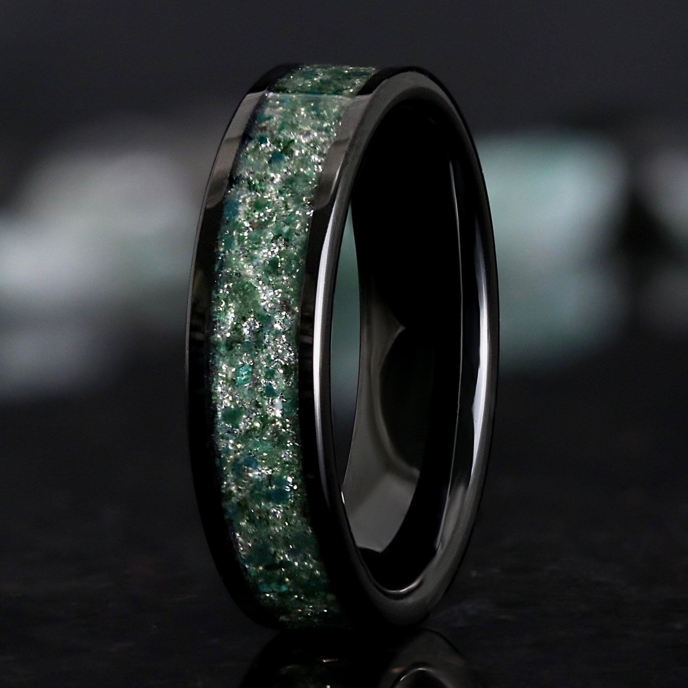 Black Moss Agate Mens Wedding Band | Black Tungsten Ring