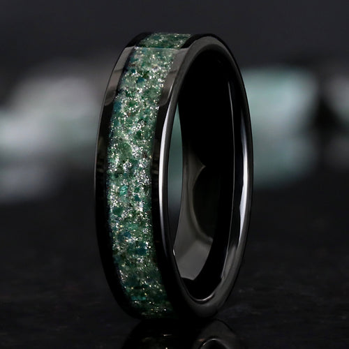 Black Moss Agate Mens Wedding Band | Black Tungsten Ring