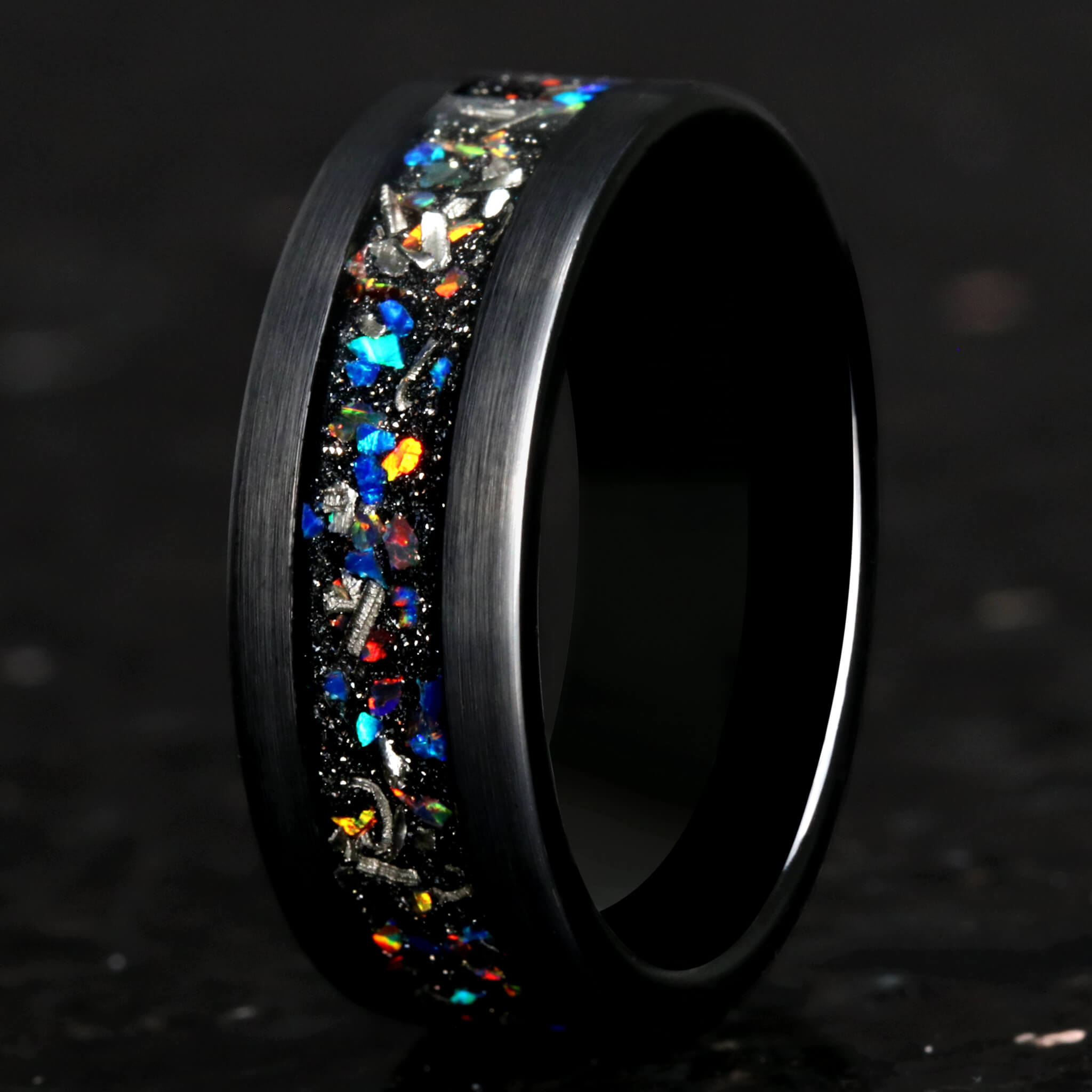 Galaxy Opal and Meteorite Inlay | Men's Black Tungsten Wedding Band | 8mm