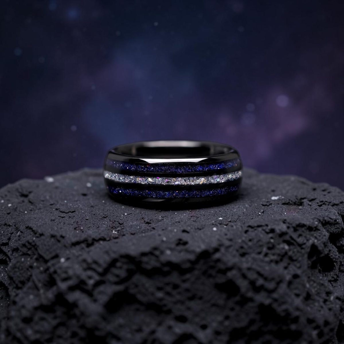 Men's moonstone ring in black tungsten with nebula sandstone and moonstone inlay on volcanic rock