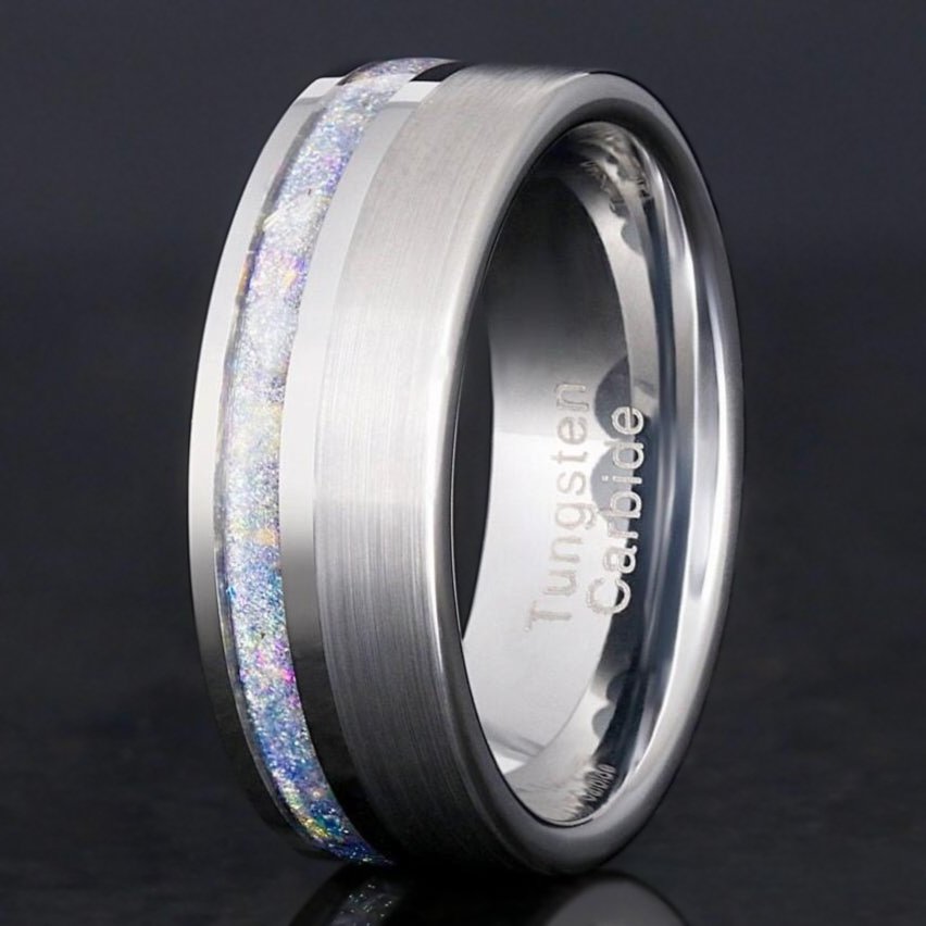 Moonstone silver tungsten men's wedding band, 8mm flat brushed nebula ring with moonstone inlay