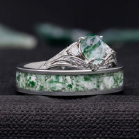 Faeleaf Moss Agate Promise Ring Set | Pear Cut His & Hers in Silver