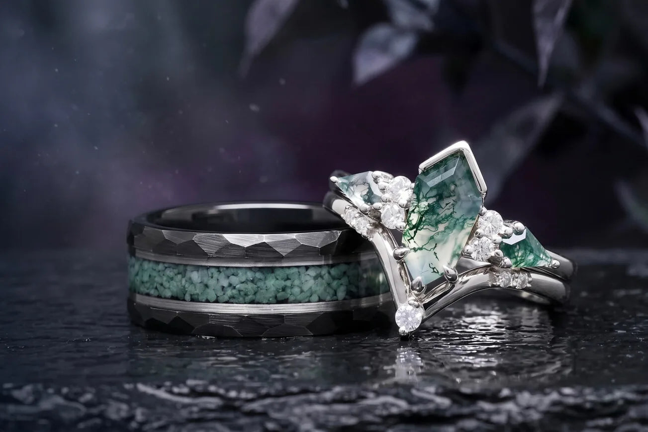 Moss agate couples rings: his hammered black band with crushed moss agate inlay and her kite moss agate ring