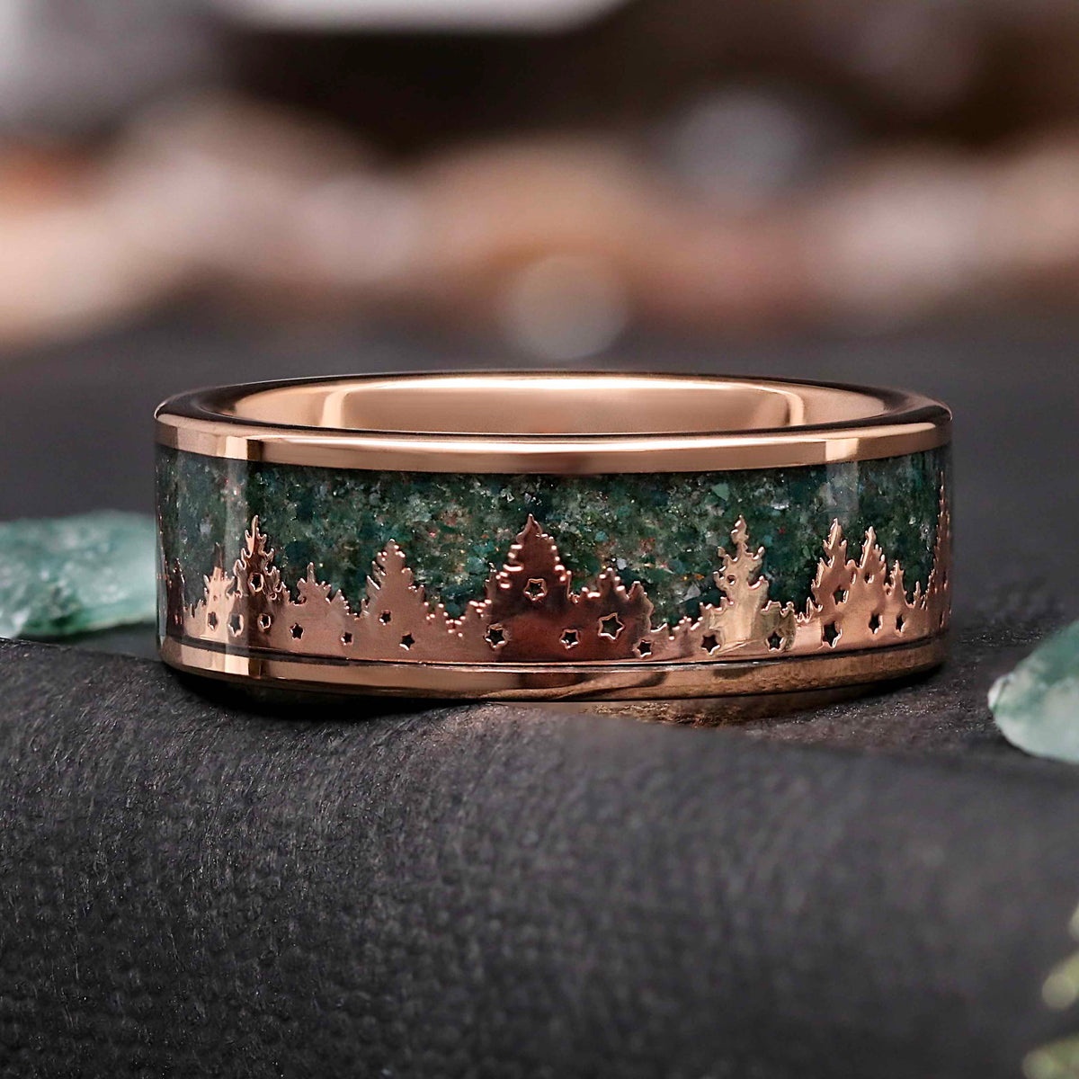 Rose gold tungsten mens ring with moss agate inlay and pine tree landscape band