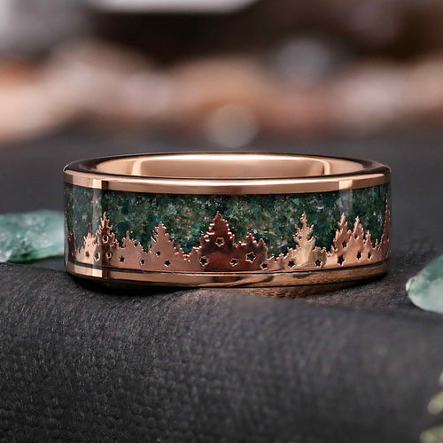 Rose gold tungsten mens ring with moss agate inlay and pine tree landscape band