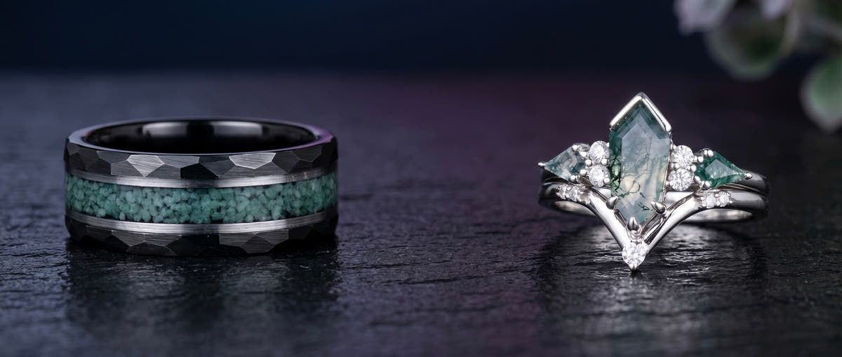 Matching moss agate ring set: 8mm hammered black tungsten band, silver coffin kite cut engagement ring and chevron band