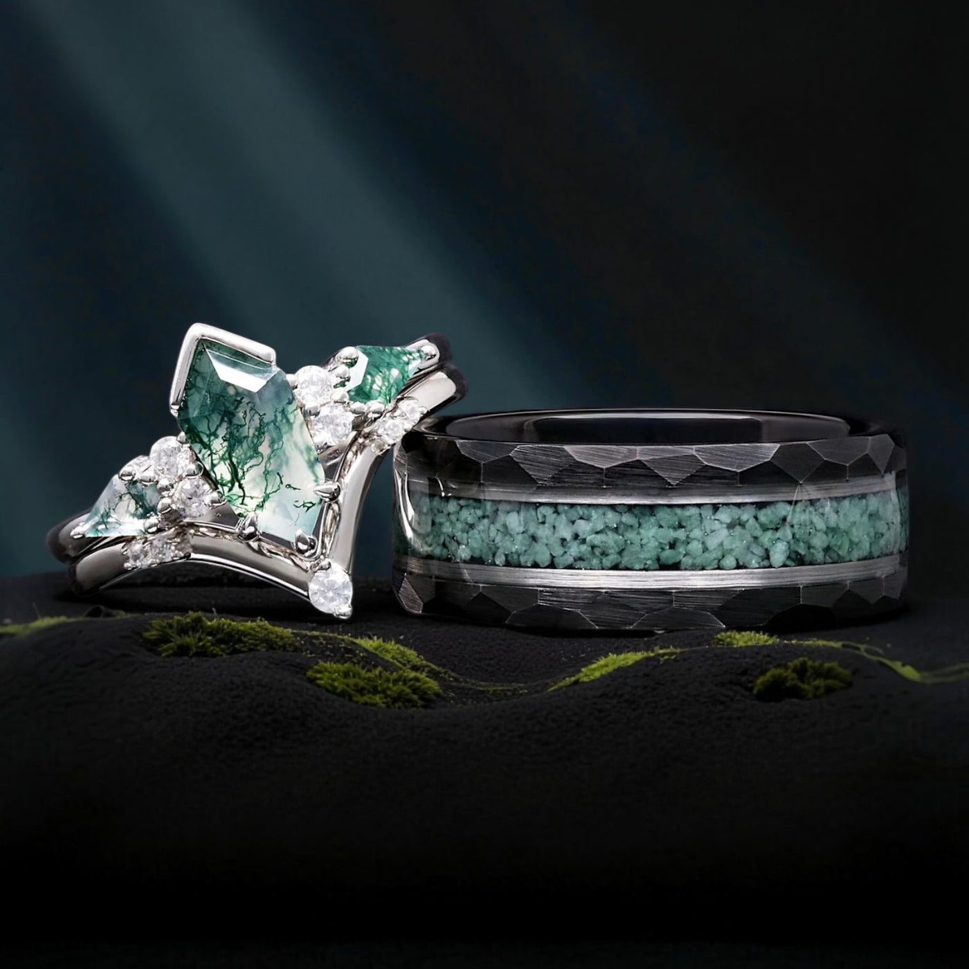Matching his and hers moss agate ring set: her kite cut ring beside his inlay band