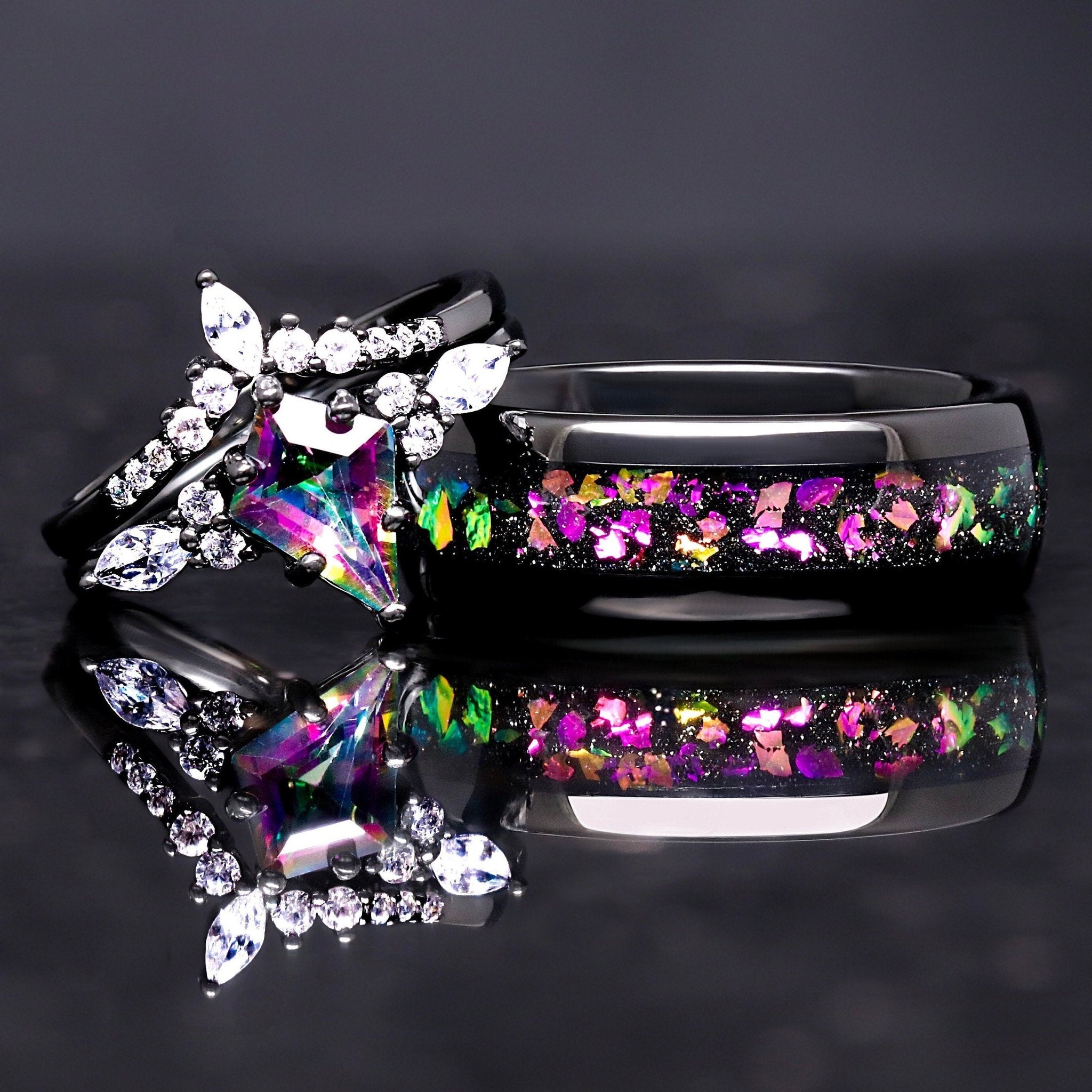 His and Her Mystic Topaz Galaxy Rings | Cass Supernova Engagement