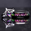 His and her mystic topaz galaxy ring set with Cassiopeia supernova inlay, black tungsten wedding band and matching engagement ring