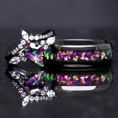 His and her mystic topaz galaxy ring set with Cassiopeia supernova inlay, black tungsten wedding band and matching engagement ring