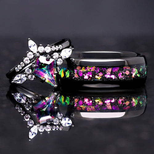His and her mystic topaz galaxy ring set with Cassiopeia supernova inlay, black tungsten wedding band and matching engagement ring