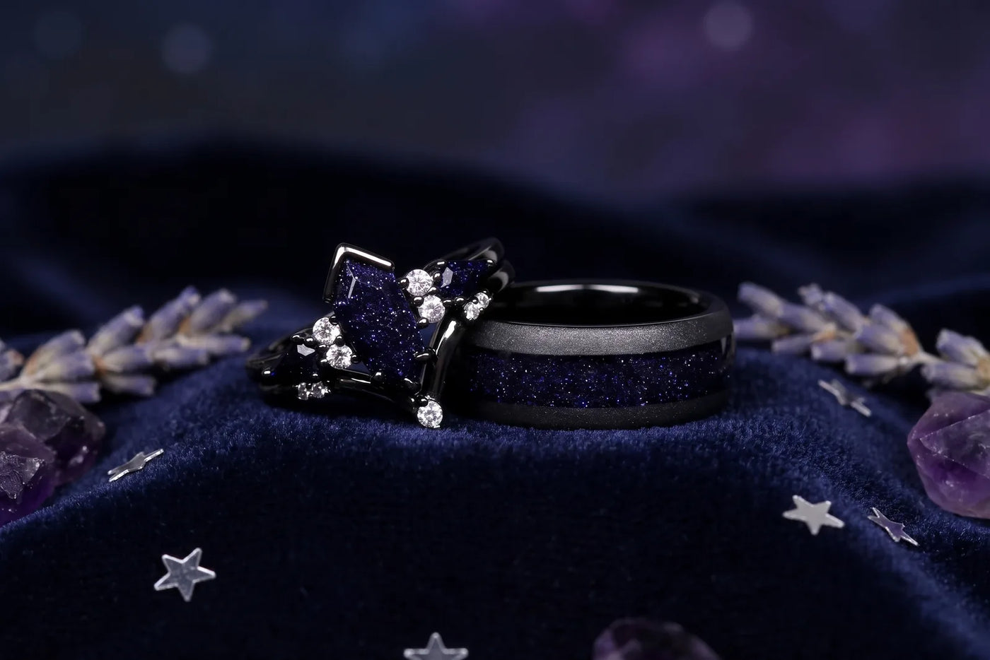 Blue sandstone couples ring set inspired by the Night Court: kite ring and black tungsten band on velvet