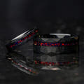 Matching hammered black tungsten couples ring set with black fire opal inlays, her 4mm band offset, 8mm and 4mm